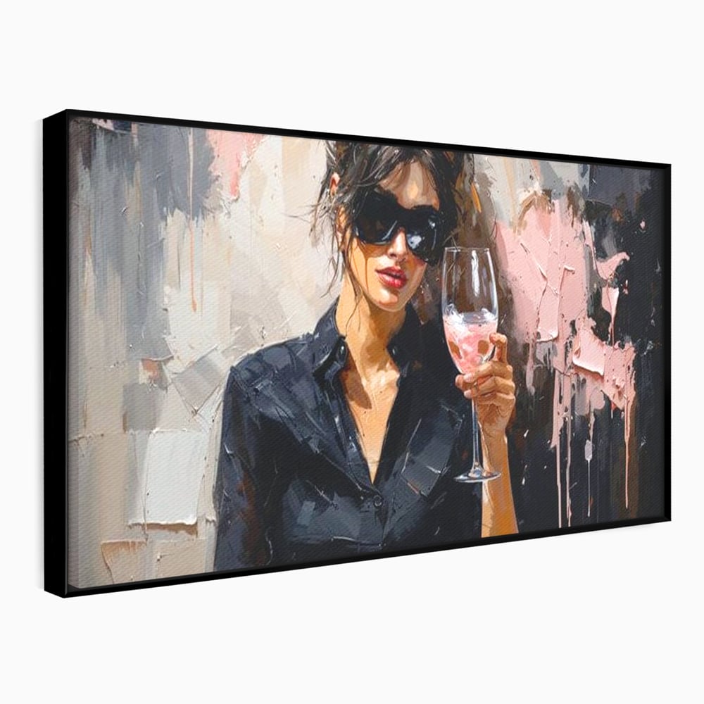 Tablou canvas cu tablou canvas cu femeie si pahar de vin, in rama de aluminiu negru